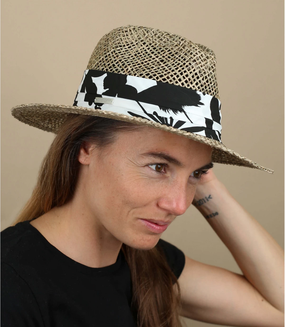 Seeberger Seagrass Fedora Summer Print Black 1 Seeberger Seagrass Fedora Summer Print Black